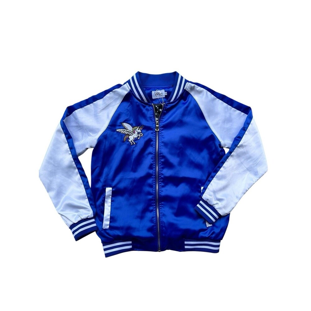 Lola And The Boys Varsity Bomber Jacket Embroidered S NWOT Blue White Unicorn